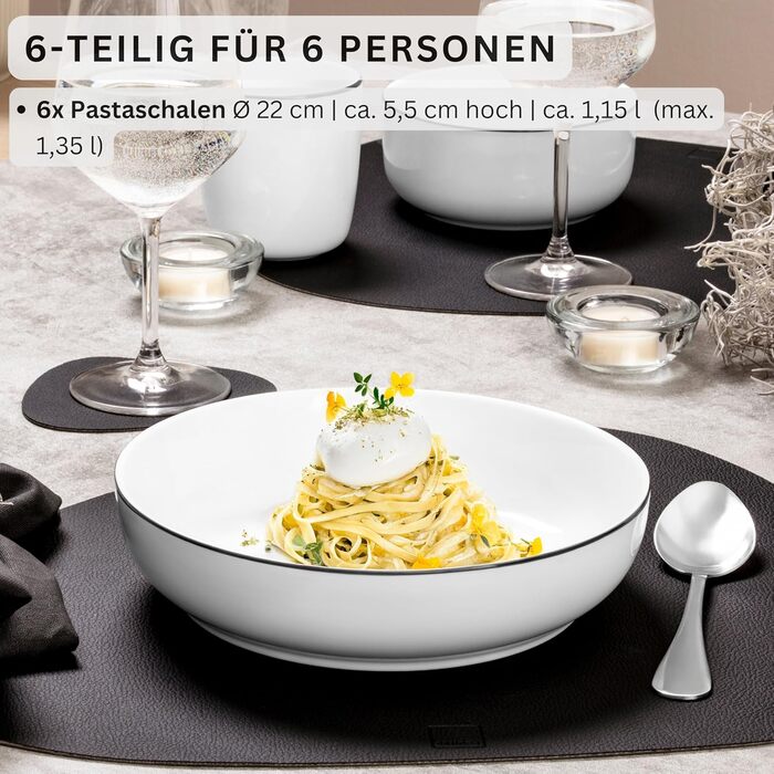 Набір посуду SÄNGER Tafelservice, 24 елементи (6 осіб), з порцеляни (Müslischalen, Dessert-, Speisetellern, Pastaschalen), сучасна форма PREMIUM COLLECTION (Marlo Black Rim)
