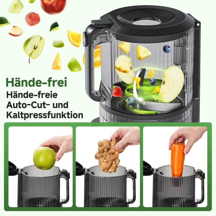 Центрифужна соковижималка AMZCHEF для цілих овочів та фруктів, широке горло 140 мм, глянцевий чорний