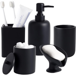 Набір аксесуарів для ванної кімнати з штучного каміння, матовий чорний, 5 предметів: дозатор мила, органайзер, тримач для зубних щіток, самостійно висувний дозатор мила та стакан для ванної кімнати. Сучасний дизайн.