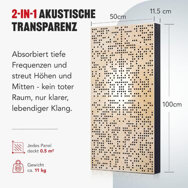 Акустична панель Addictive Sound Binary Diffuser Hybrid: гібридний дифузор та абсорбер (бінарний алгоритм 250-9300 Гц), дерево, 120x60x11,5 см, коричневий