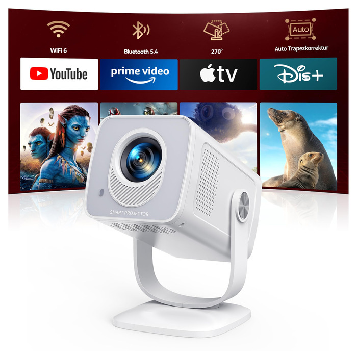 Портативний проєктор Mini Beamer 4K з підтримкою Android 13, WiFi 6, Bluetooth 5.4 та обертанням 270°. Підтримка HDMI, USB, iOS, PC. Ідеальний для домашнього кінотеатру та використання на відкритому повітрі з автокорекцією трапеції.