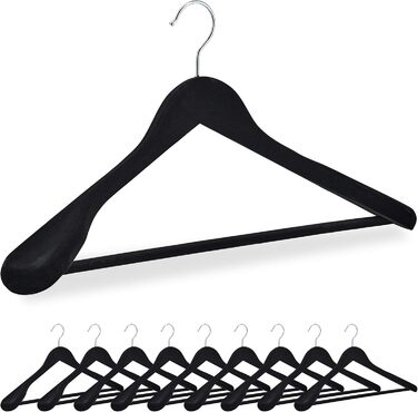 Relaxdays Velvet Clothes Hangers, 10-Piece Set, Wide Shoulders, Hanger with Trouser Bar, 360° Swivel Hook, Suit Hanger, Black