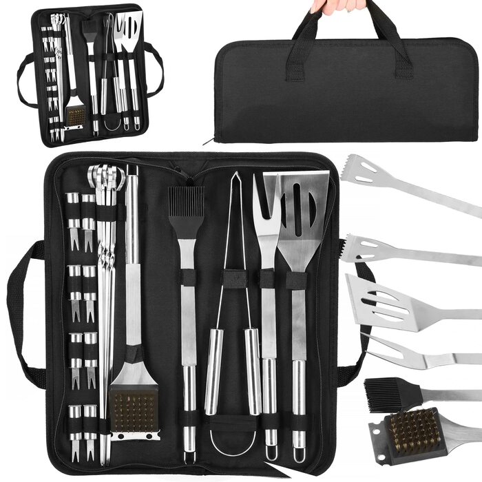 Набір для гриля SPRINGOS 5 предметів з нержавіючої сталі: щипці, лопатка, ніж, виделка, пензлик + сумка для зберігання