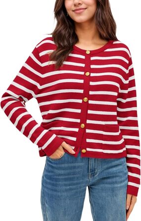 Жакет жіночий короткий з 2 кишенями на ґудзиках, смугастий пуловер, стильний осінній кардиган з круглим вирізом, модний в'язаний пуловер (S, Червоний)