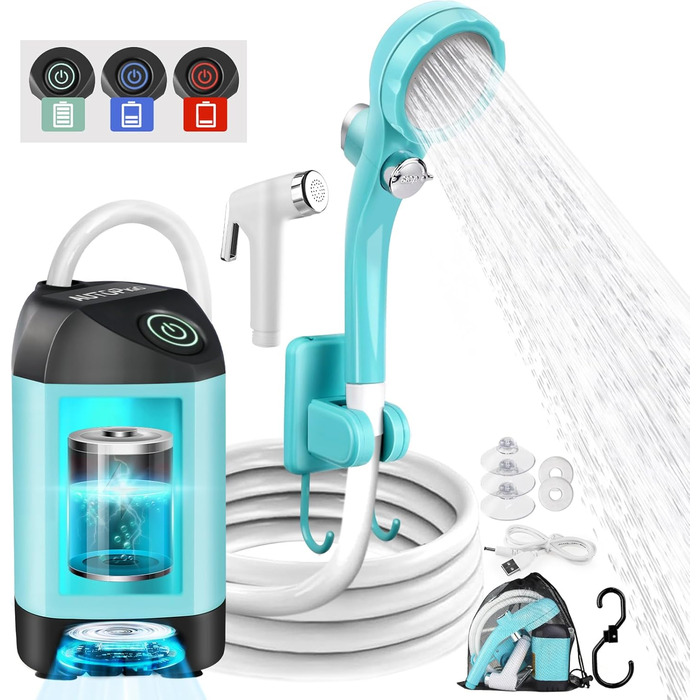 AUTOPkio Camping Shower with Battery, Upgraded Camping Shower 4500mAh Rechargeable Pump, IPX7 Waterproof for Camping, Outdoors, Hiking, Car Washing, Pets