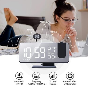 Projection Alarm Clock Digital LED Alarm Clock with Charger, Radio Alarm Clock with USB Charging Port, Dual Alarm Clock, LED Mirror Display, Adjustable Brightness, Temperature and Humidity Display, Black