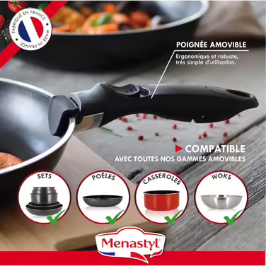 MENASTYL - 3-Piece Pan Set 24/28 cm + 1 Detachable Handle 6020283 – Pans made of aluminum for all types of stovetops including induction - Non-stick coating – Black