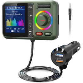 Bluetooth FM-трансмітер Nulaxy KM28 для авто, Bluetooth 5.0, великий екран, підтримка гучного зв'язку, Siri/Google, відтворення MP3, сабвуфер, TF-карта, AUX, зелений