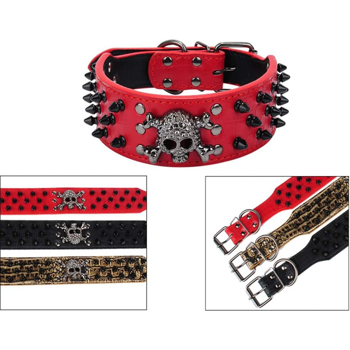 Нашийник для собак ETOPARS з черепом та шипами, з регулюванням, з крокодилової шкіри, золотий (M)