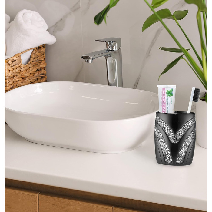 Набір аксесуарів для ванної кімнати Zahari Home Sinatra: мильниця, дозатор мила, стакан, тримач для зубних щіток, чорний, з мозаїкою, 4 шт.