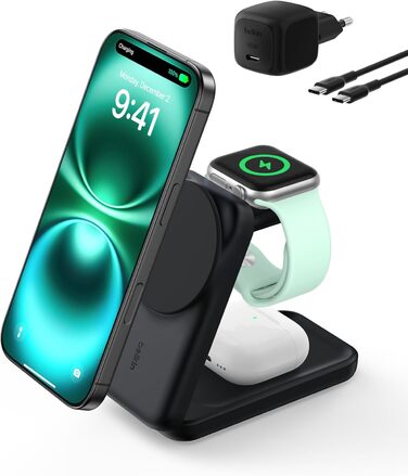Зарядний станція Belkin UltraCharge 3 в 1 з Qi2.2, 25W, сумісна з MagSafe, для iPhone, AirPods, Apple Watch, Pixel, з адаптером 45W - Чорний