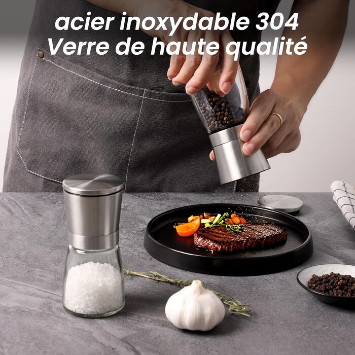 Набір з 2 мельниць для солі та перцю Vevok Chef з нержавіючої сталі | Мельниці для спецій з керамічним механізмом | Для дому та подорожей
