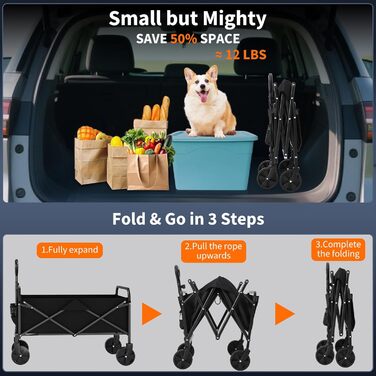 Візок вантажний складний 220L Heavy Duty для кемпінгу, саду, пляжу. Сталевий каркас, 600D Oxford PVC, регульована ручка, чорний