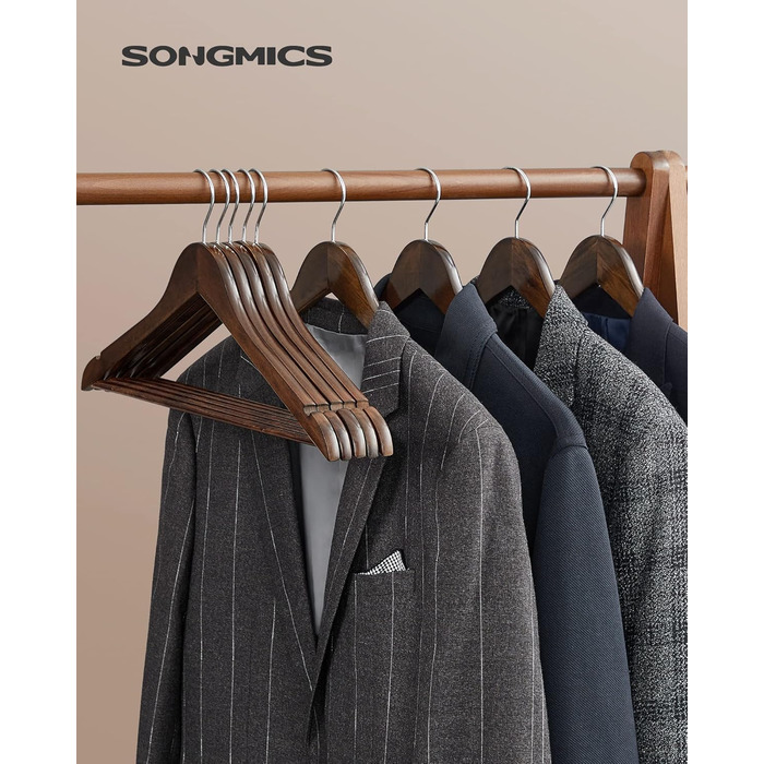 Плечики для одягу SONGMICS, 20 шт., з масиву дерева, з вирізами для плечей, неслизький тримач для штанів, обертовий гачок на 360°, для костюмів, сорочок, натуральний колір + срібловий