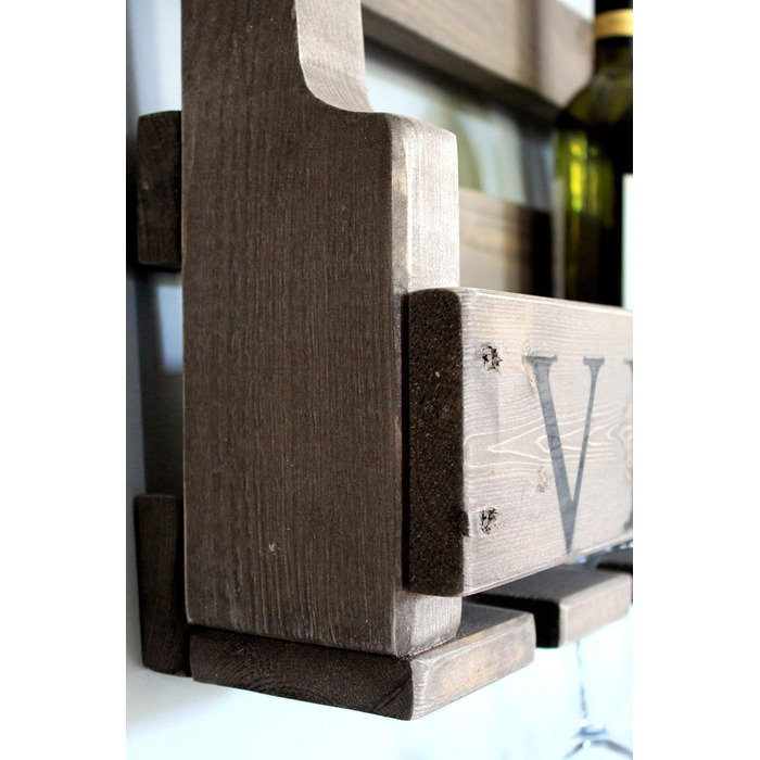 Wooden Wall-Mounted Wine Rack - with Glass Holders and 'VINO' Signage - Flamed - Ready to Mount - Shelf for Wine Bottles and Glasses (Brown / Vintage (with Black VINO Signage))
