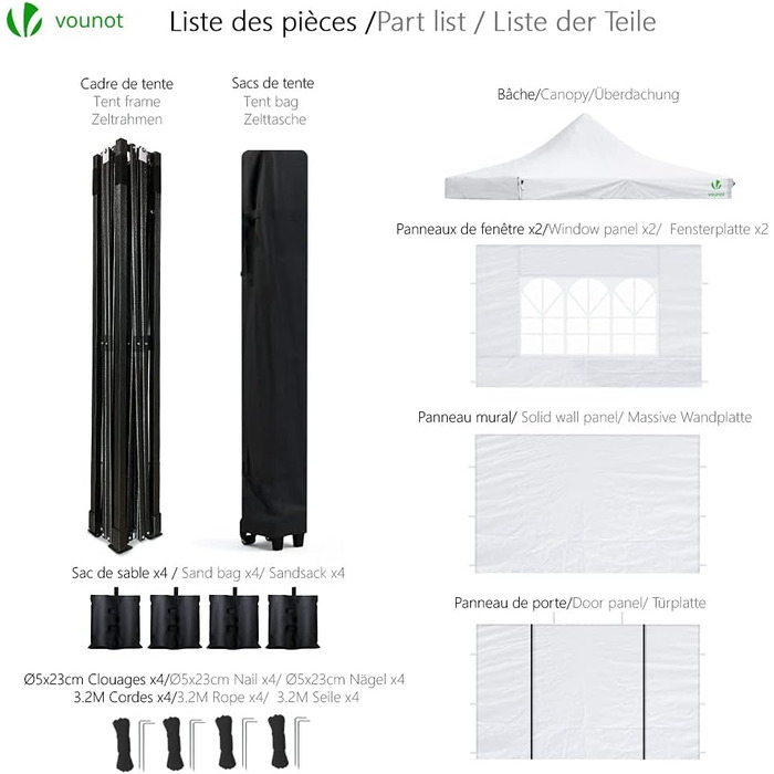 VOUNOT Gazebo 3x3m Waterproof, Stable, Winter-Proof, Pop-Up Folding Gazebo with 4 Side Walls and 4 Sandbags, Party Gazebo, Folding Garden Tent, Party Tent, White