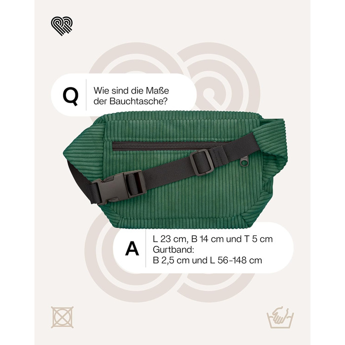 Чоловіча та жіноча поясна сумка PP-Berlin з корду, 3 відділення, ручної роботи, веганська, Made in Germany, для повсякденного використання та відпочинку, можна носити як через плече (зелена)