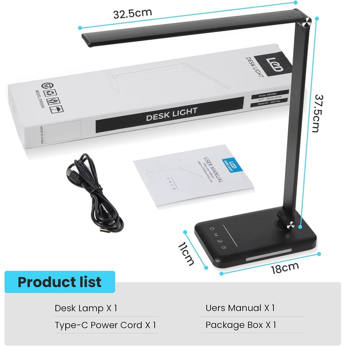 LED лампа настільна диммирувана - 560LM, офісна лампа з 5 режимами кольору та 10 рівнями яскравості, нічник, USB-порт, функція пам'яті та таймер, 10W - Біла (Чорна)