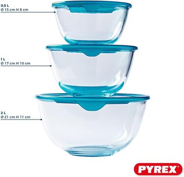 Pyrex® Prep & Store Glass Bowls with Lids, durable, 0.5 l, 1 l, 2 l, BPA-free, set of 3
