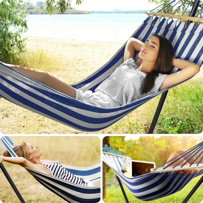 Гамак KRUMAD 260 см, до 250 кг, вуличний, бавовна-поліестер, з дерев'яними розпірками та сумкою (синьо-білий, з каркасом)