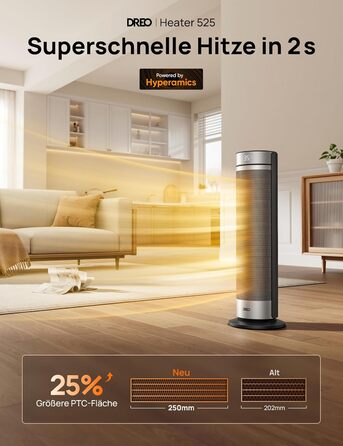 Електричний обігрівач Dreo 23 дюйми, 2000 Вт, тихий, з пультом керування, таймером 12 годин, 70° коливанням, 5 режимів, PTC кераміка з термостатом, для великих приміщень, офісу, срібний