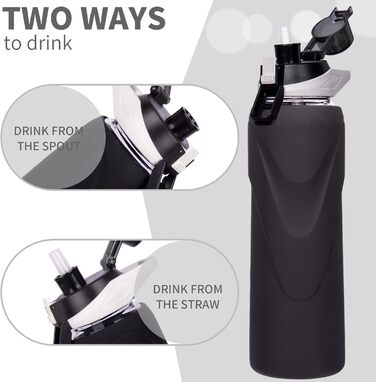 1 liter / 1l Drinking Bottle Glass with Straw, BPA-Free Glass Bottle with Silicone Sleeve, Borosilicate Glass Water Bottle (Deep Black)