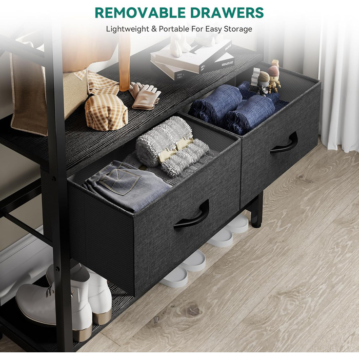 YITAHOME Entryway Storage Bench with Shoe Cabinet, Freestanding Entryway Bench with Bank and 2 Folding Drawers, Industrial Coat Rack with 8 Hooks for Entryway, Living Room, Bedroom, Metal Frame, Rustic Brown (Black)
