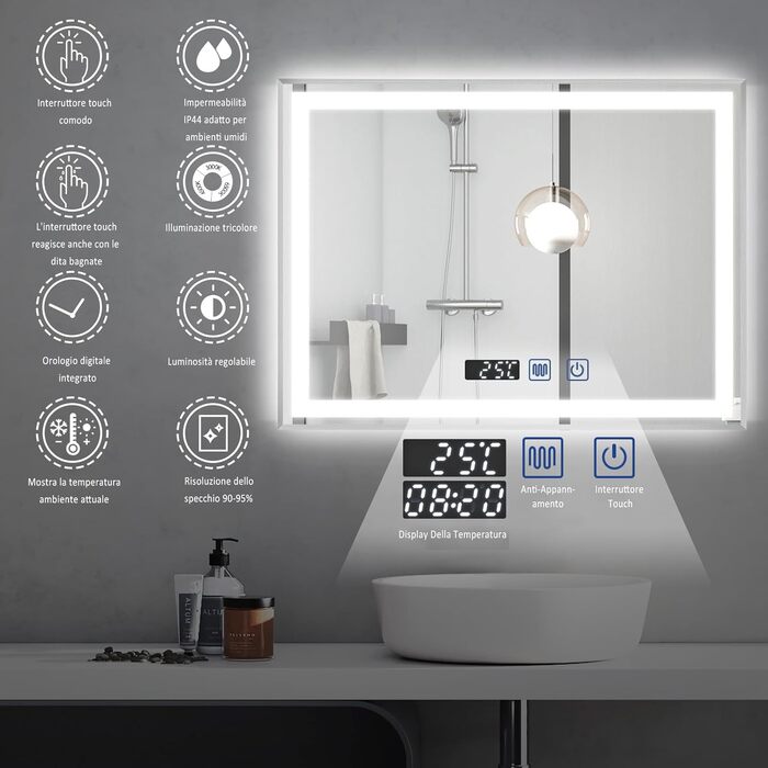 Дзеркало для ванної кімнати YU YUSING з підсвічуванням 60x80 см, протизапітніння, 3 кольори світла, регулювання яскравості, LED, годинник, IP44, металевий каркас, вертикальне, срібне