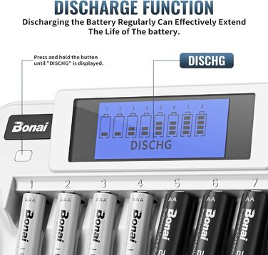Зарядний пристрій BONAI для акумуляторів 9 слотів LCD, універсальний, інтелектуальний зарядний акумулятор з функцією розряду для AA/AAA/9V NI-MH акумуляторів