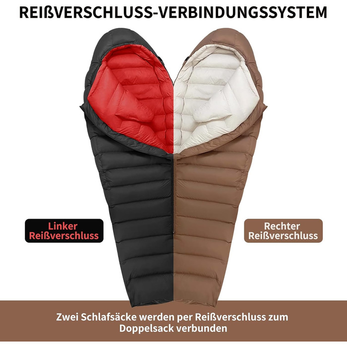 Пуховий спальний мішок для дорослих та дітей, легкий зимовий спальник Outdoor 8°C ~ -30°C для кемпінгу та альпінізму з 650 FP гусячим пухом, чорний, 1000g