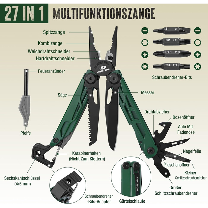 Мультитул Mossy Oak 27-в-1: мультиінструмент, плоскогубці, ніж, набір біт, для кемпінгу, ремонту, з чохлом