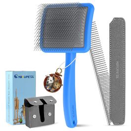 Набір щіток та гребінців для собак та котів з довгим хутром – Slicker Brush & Comb Set – 25 мм нержавіючі шпильки проти підшерстка та ковтунів – дерев'яний руків'я та шкіряний чохол – ідеально для Голден Ретріверів та Мейн Кунів (Блакитний)