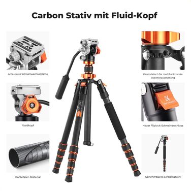 Штатив K&F Concept T254A7+BH-28L для камери: професійний, 230 см, з рідинною головкою