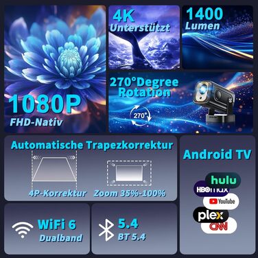 4K проєктор Beamer Full HD 1080P Android, портативний міні-проєктор з Wi-Fi 6 та Bluetooth 5.2, поворотний на 270°, для PC/HDMI/USB, з мишею та пультом, білий (чорний матовий)