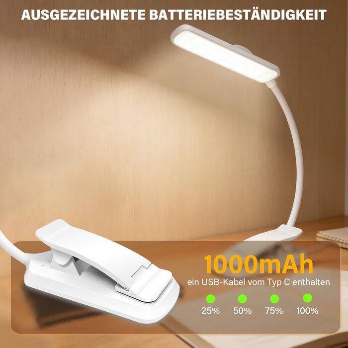 Лампа для читання LED USB акумуляторна з димером, 3 режими, біла, з кліпсою, 1000mAh - для рукоділля, ремонту, риболовлі
