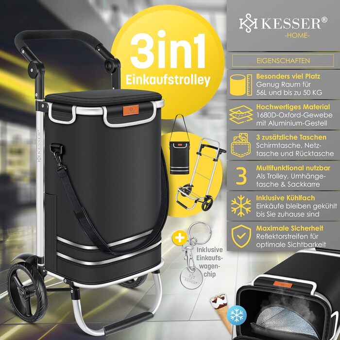 Розкладний візок KESSER® для покупок з великою місткістю 56 л та вагою до 50 кг | 3-в-1: візок, візок-мішок, сумка через плече | Зі зручним відсіком для охолодження та підіймачем для сходи | Чорний