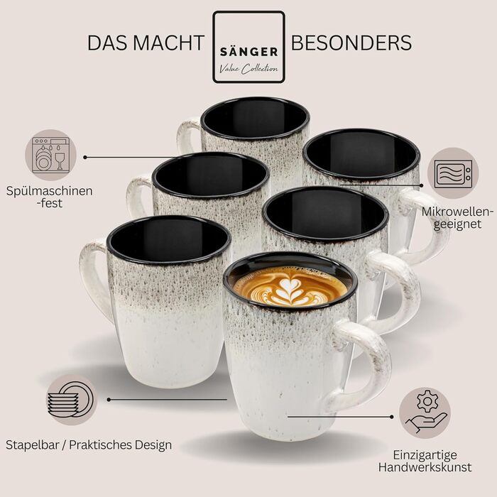 Набір кавових чашок SÄNGER Sansibar (6 шт.) з порцеляни, 430 мл, сірий колір, для кави та чаю, стійкий до миття в посудомийній машині та нагрівання в мікрохвильовій печі