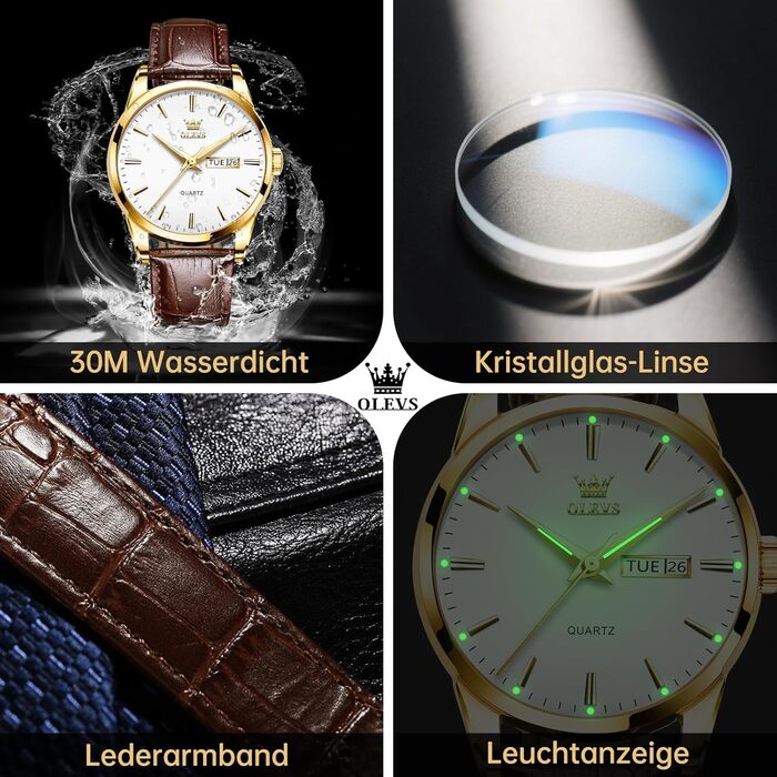 Чоловічий годинник OLEVS з нержавіючої сталі, кварцовий аналоговий годинник, класичний діловий годинник, водостійкий годинник з підсвічуванням, дата, ремінець з натуральної шкіри (білий циферблат/коричневий ремінець)