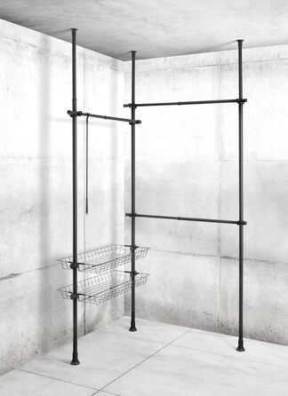 WENKO Telescopic System Hercules Duo, 3 Clothes Rails, 2 Storage Baskets, Extendable, Powder-Coated Metal, 164-215 x 165-300 x 38 cm, Matte Black