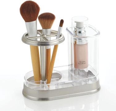 mDesign Toothbrush Holder - high-quality toothbrush cup made of plastic for bathroom sink or vanity - practical holder for toothbrushes and toothpaste - white and matte silver (Transparent/Brushed)