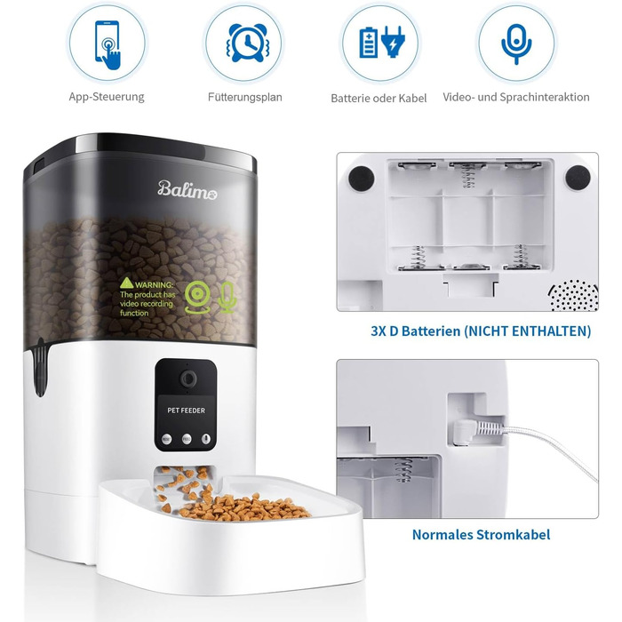 Автомат годування котів Balimo з HD 1080P відео, Wi-Fi, APP-керування та нічне бачення, 4L, нержавійна чаша, 8 прийомів їжі на день, білий