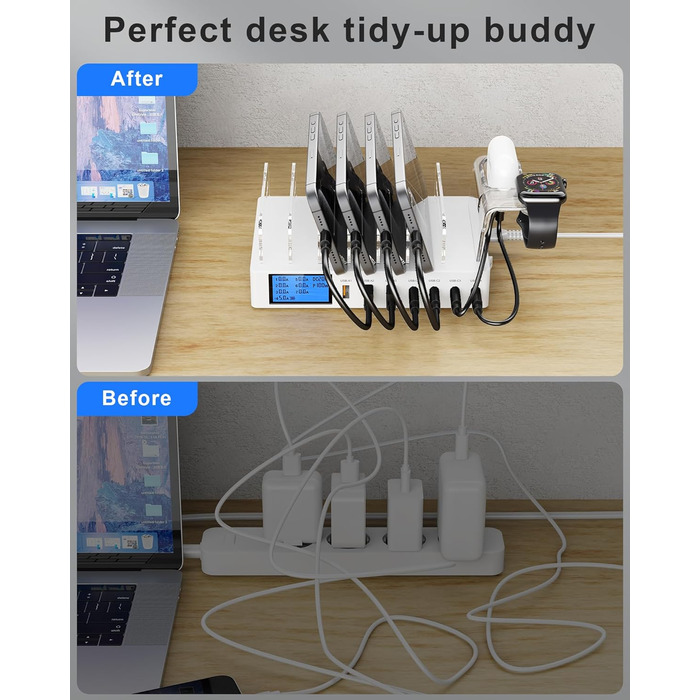Зарядна станція 245W USB для 7 пристроїв з LCD-дисплеєм, кабелями та тримачем для iWatch, чорна - для iPhone, планшетів та іншої електроніки