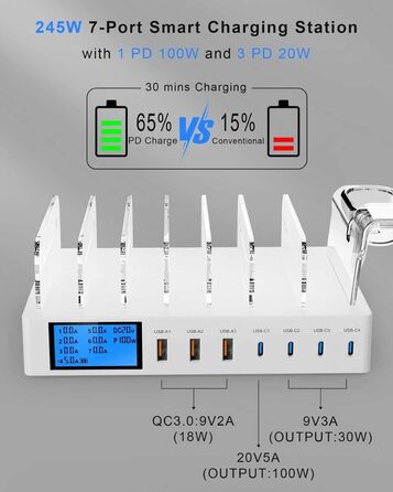 Зарядна станція 245W USB для 7 пристроїв з LCD-дисплеєм, кабелями та тримачем для iWatch, чорна - для iPhone, планшетів та іншої електроніки