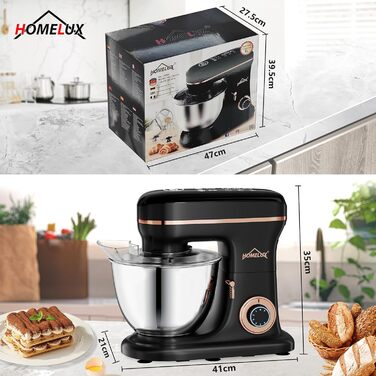 Кухонна машина HOMELUX 1800W з чашею 8 л з нержавіючої сталі, 6 швидкостей, LED-дисплей, насадки для замішування, збивання та взбивання, захист від бризок (чорний)