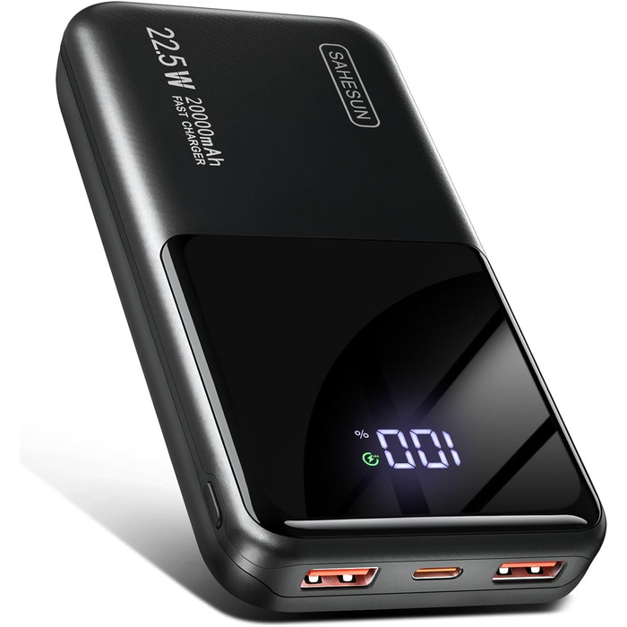 Портативний зарядний акумулятор Power Bank 20000mAh з швидкою зарядкою 22.5W, LCD дисплеєм, 1 USB-C, 2 USB-A, для iPhone 17/16/15/14/13 та смартфонів, чорний