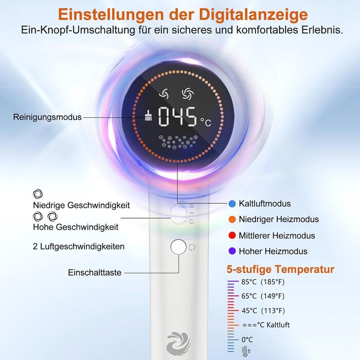 Фен для волосся з плазмою та безщітковим мотором 110 000 об/хв - швидке сушіння, тиха робота, з магнітною насадкою, для дому та подорожей (темно-сірий)