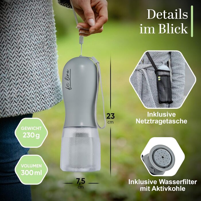 Поїлка для собак на прогулянці 300 мл - 3-в-1 (поїлка та миска) | Без витоку, BPA-free, з функцією повторного наповнення | Вода для маленьких та середніх собак сірого кольору 300 мл