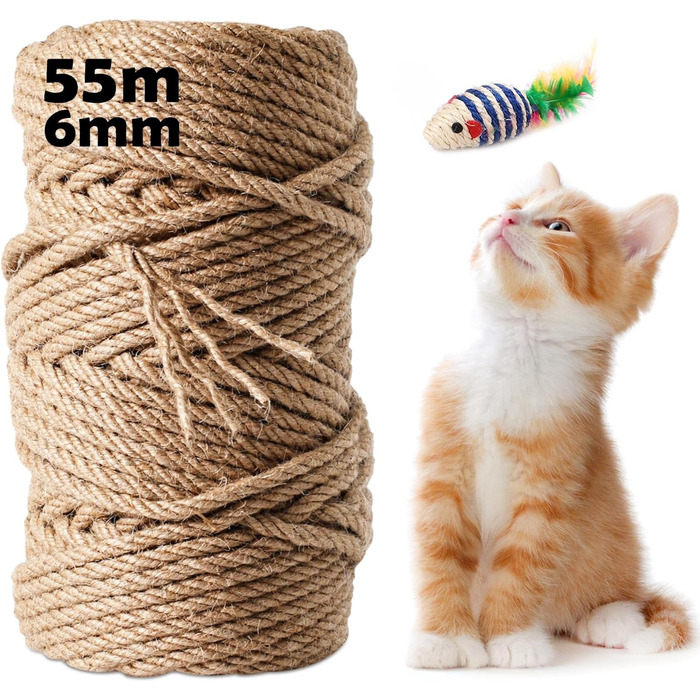 100M Sisal Rope for Cat Trees 8MM, Natural Sisal Rope for Cats, Scratch Rope, Household, Garden, DIY, Decoration, Cord for Replacement (55M x 6MM)