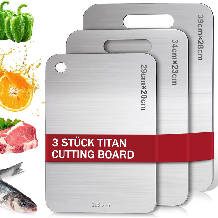 Набір титанових обробних дощок Titan (3 шт.) з нержавіючої сталі S316 - для м'яса, фруктів, овочів