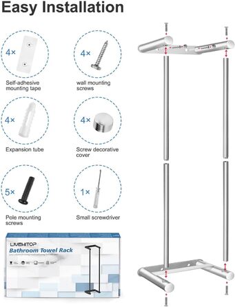 Стійка для рушників LIVEHITOP без свердління, 75 см, нержавіюча сталь, велика місткість, для ванної кімнати